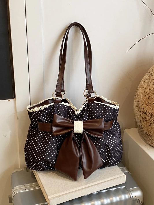 Trendy Fashion Large Capacity Polka Dot Bag with Bow Decor, Fashionable Patterned Bag, Handheld Shoulder Bag, Handbag Shoulder Purse, Stylish Women’s Accessory, PU Leather Bag Perfect for Daily Use
